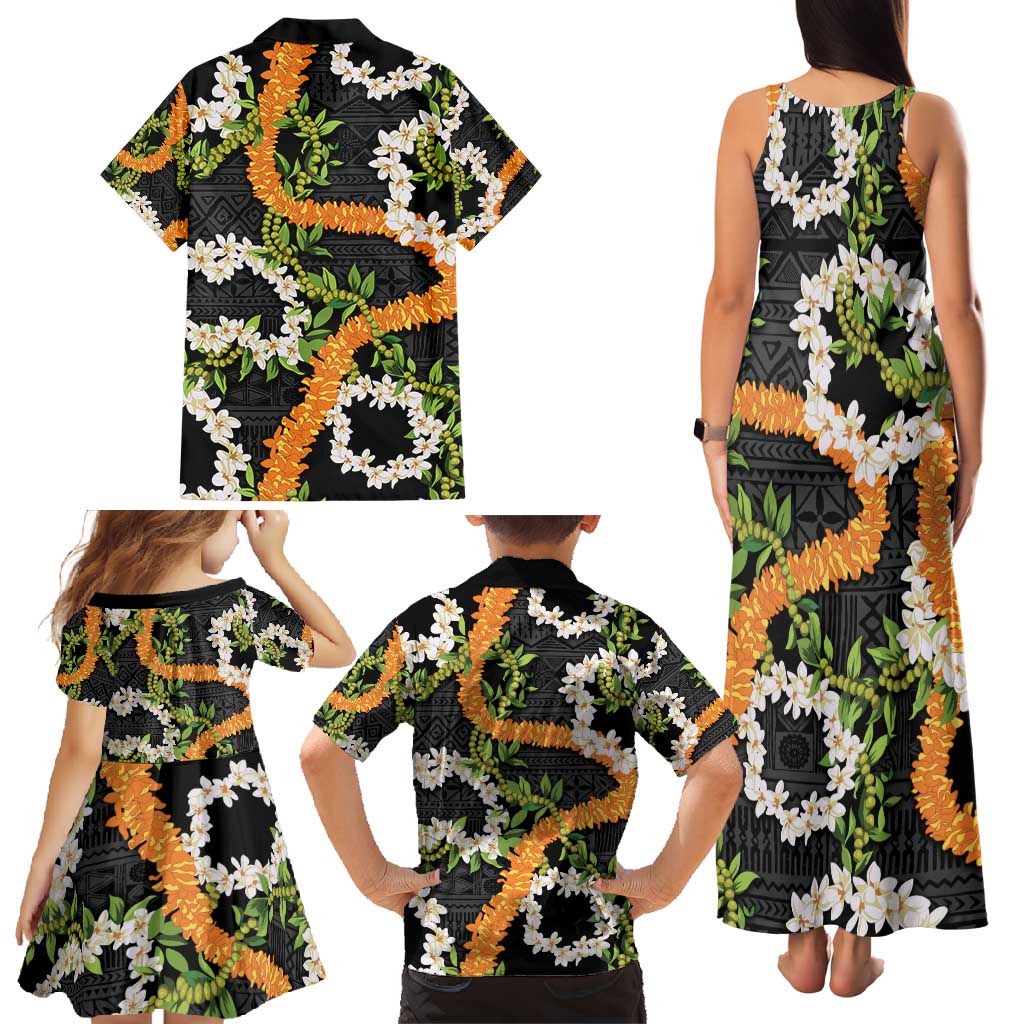 Aloha Festive Hawaii Family Matching Tank Maxi Dress and Hawaiian Shirt Mokihana - Maile and Ilima on Black - Polynesian Pride