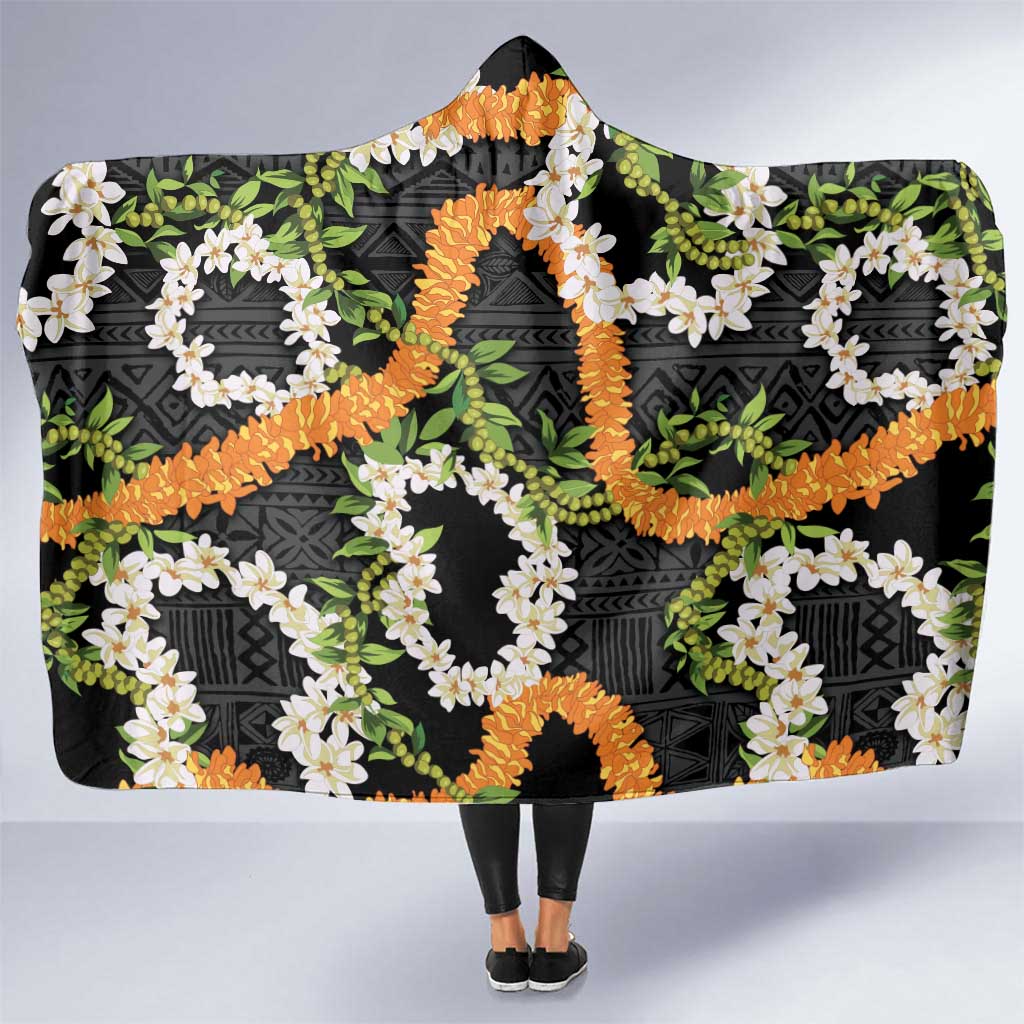 Aloha Festive Hawaii Hooded Blanket Mokihana - Maile and Ilima on Black LT7 One Size Black - Polynesian Pride