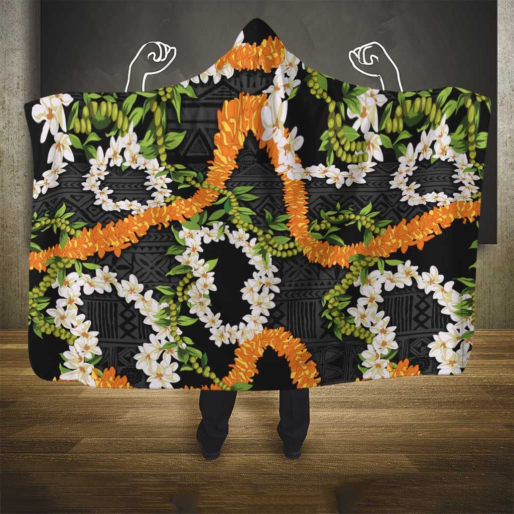 Aloha Festive Hawaii Hooded Blanket Mokihana - Maile and Ilima on Black - Polynesian Pride