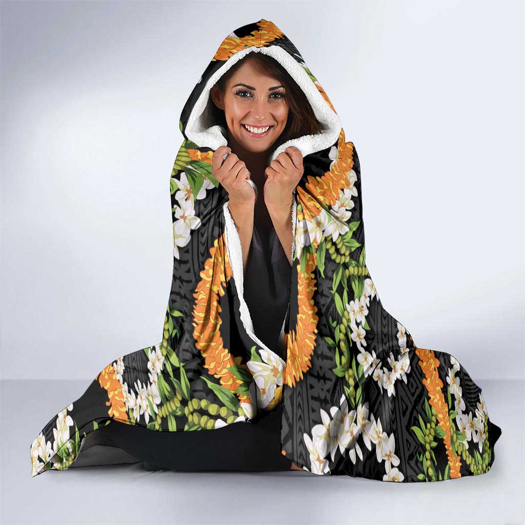 Aloha Festive Hawaii Hooded Blanket Mokihana - Maile and Ilima on Black - Polynesian Pride