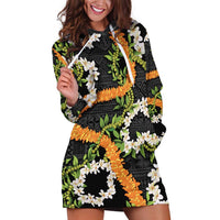 Aloha Festive Hawaii Hoodie Dress Mokihana - Maile and Ilima on Black - Polynesian Pride