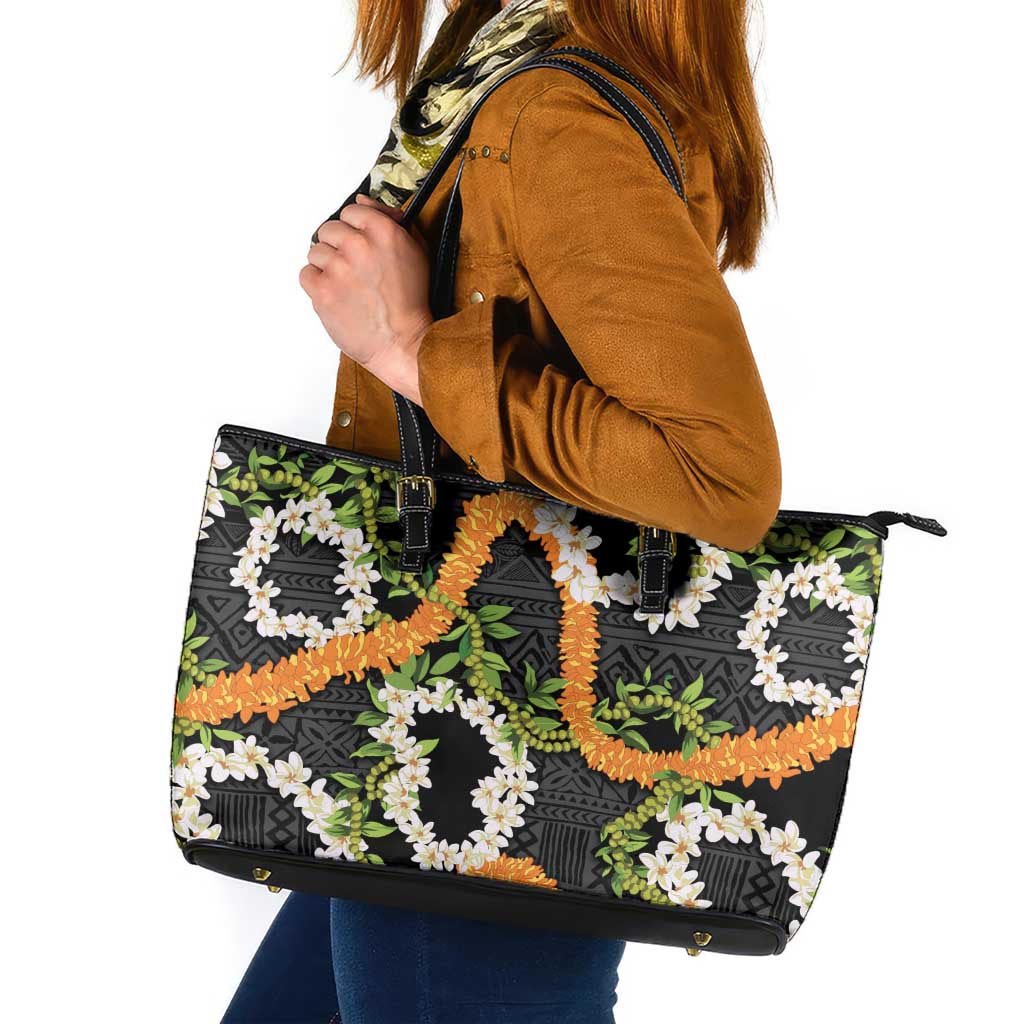 Aloha Festive Hawaii Leather Tote Bag Mokihana - Maile and Ilima on Black LT7 Black - Polynesian Pride