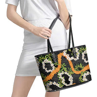 Aloha Festive Hawaii Leather Tote Bag Mokihana - Maile and Ilima on Black - Polynesian Pride