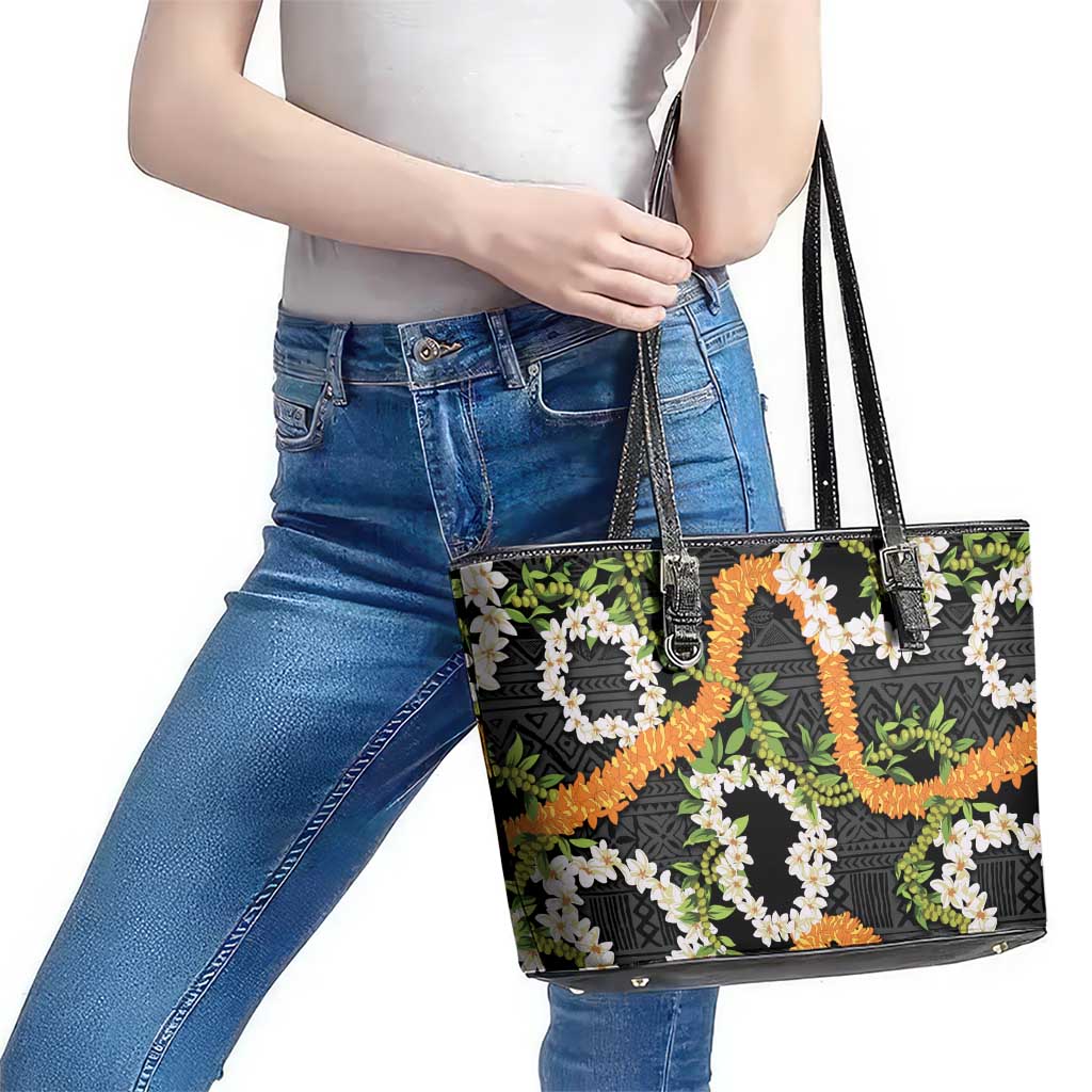 Aloha Festive Hawaii Leather Tote Bag Mokihana - Maile and Ilima on Black - Polynesian Pride