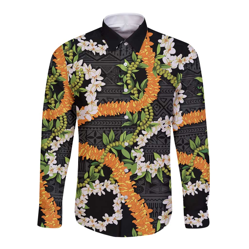 Aloha Festive Hawaii Long Sleeve Button Shirt Mokihana - Maile and Ilima on Black LT7 Unisex Black - Polynesian Pride