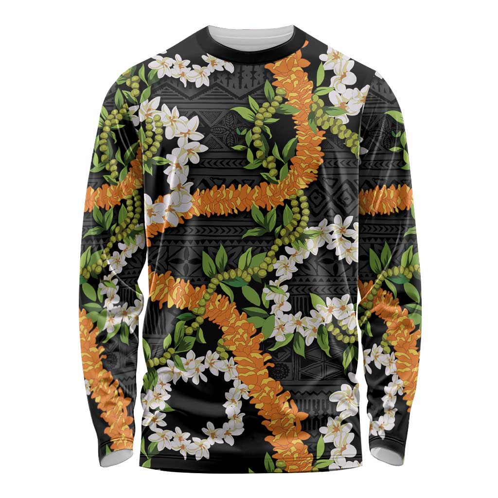 Aloha Festive Hawaii Long Sleeve Shirt Mokihana - Maile and Ilima on Black LT7 Unisex Black - Polynesian Pride