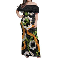 Aloha Festive Hawaii Off Shoulder Maxi Dress Mokihana - Maile and Ilima on Black - Polynesian Pride