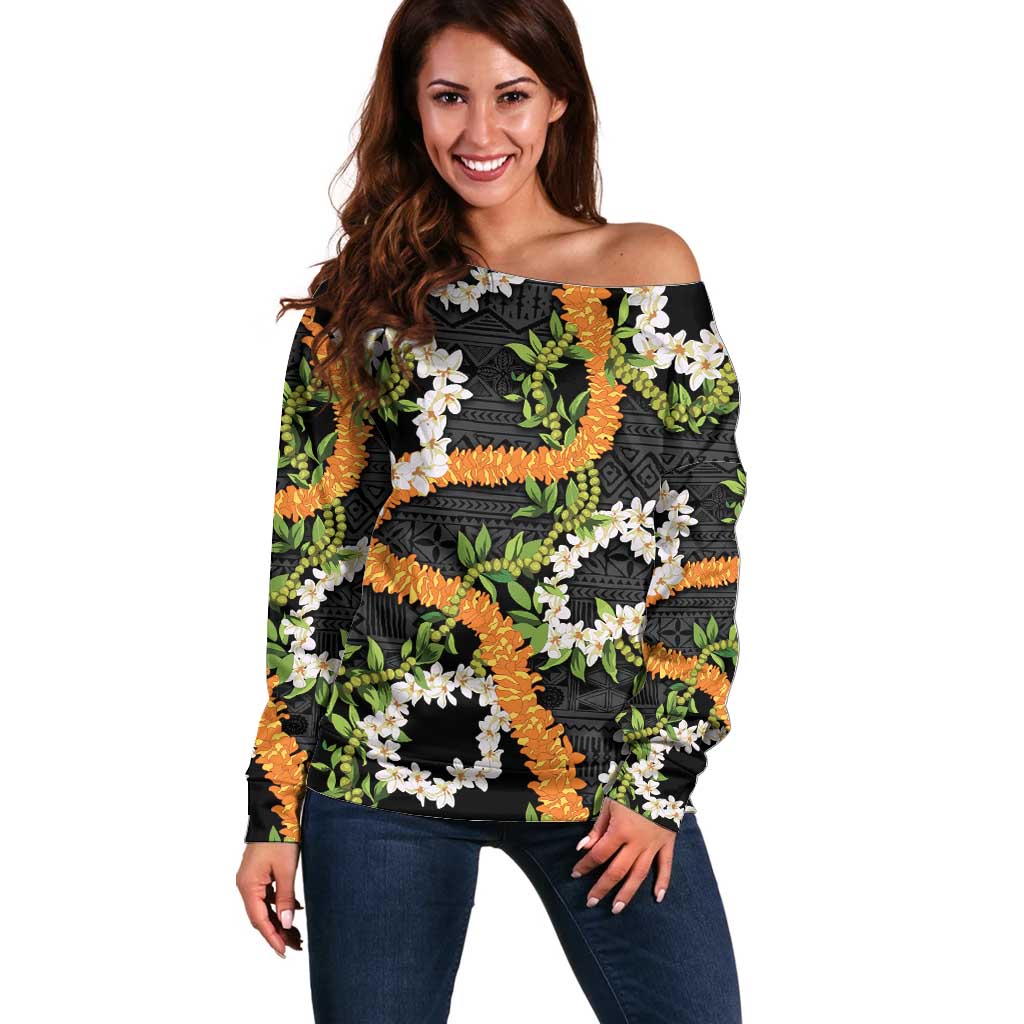 Aloha Festive Hawaii Off Shoulder Sweater Mokihana - Maile and Ilima on Black - Polynesian Pride