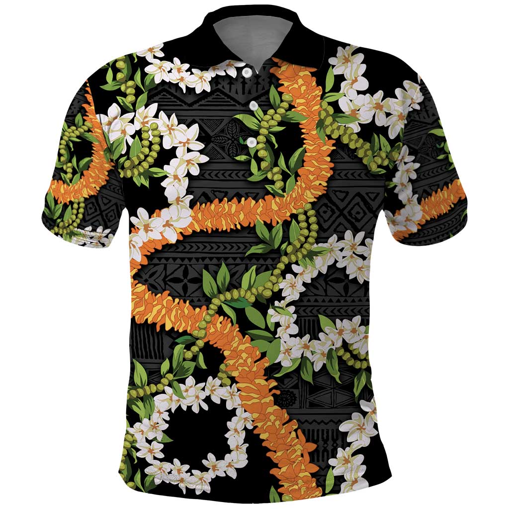 Aloha Festive Hawaii Polo Shirt Mokihana - Maile and Ilima on Black - Polynesian Pride