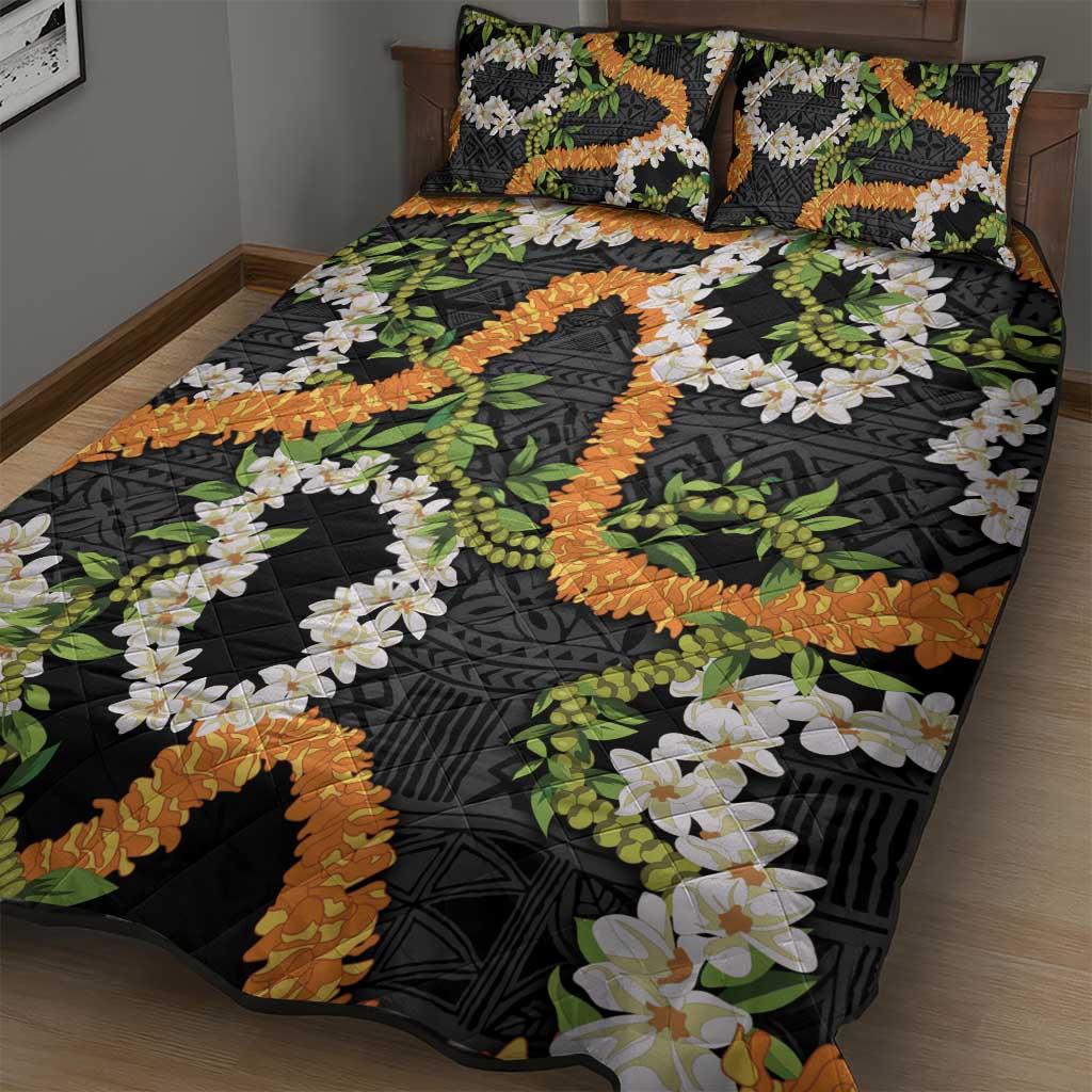 Aloha Festive Hawaii Quilt Bed Set Mokihana - Maile and Ilima on Black - Polynesian Pride