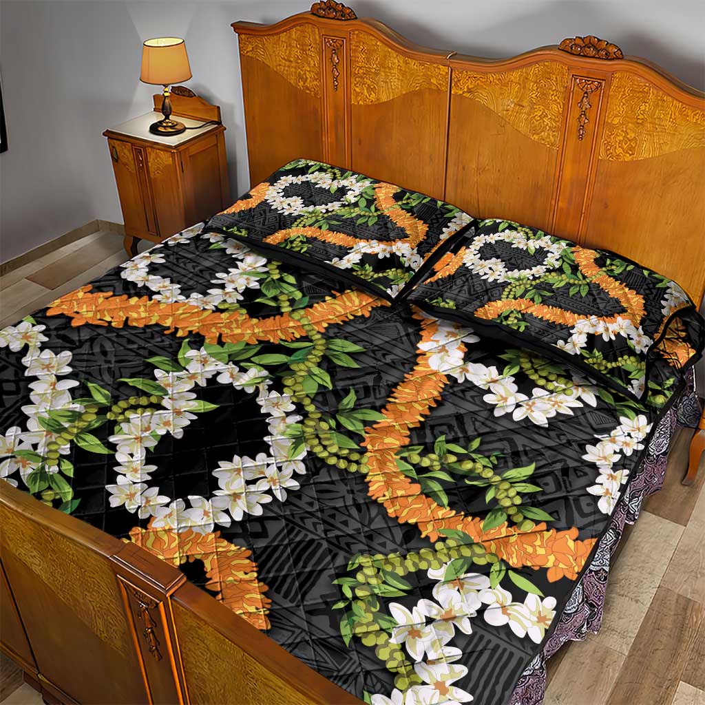 Aloha Festive Hawaii Quilt Bed Set Mokihana - Maile and Ilima on Black - Polynesian Pride