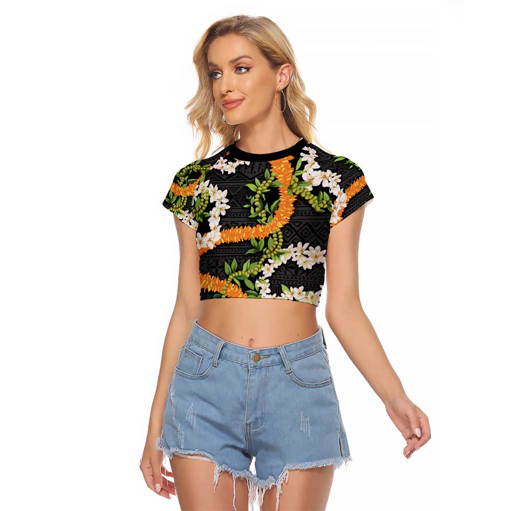 Aloha Festive Hawaii Raglan Cropped T Shirt Mokihana - Maile and Ilima on Black LT7 Female Black - Polynesian Pride