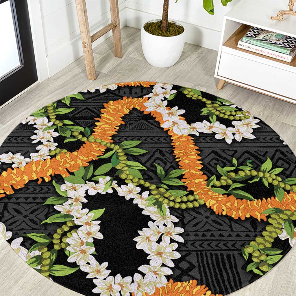 Aloha Festive Hawaii Round Carpet Mokihana - Maile and Ilima on Black LT7 Black - Polynesian Pride