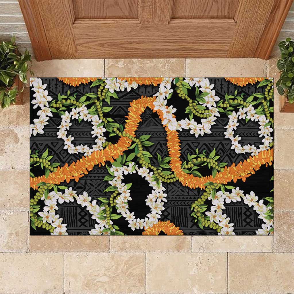 Aloha Festive Hawaii Rubber Doormat Mokihana - Maile and Ilima on Black LT7 Black - Polynesian Pride