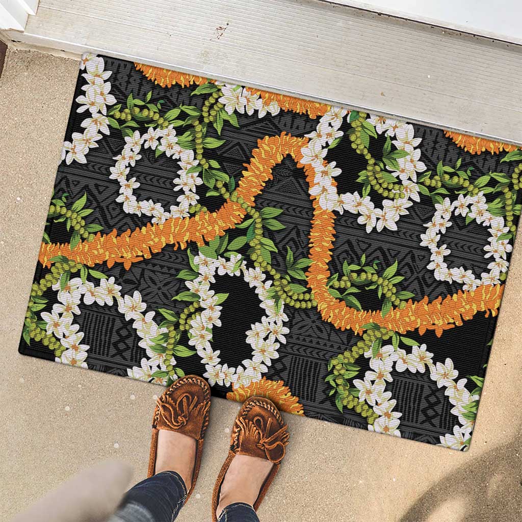 Aloha Festive Hawaii Rubber Doormat Mokihana - Maile and Ilima on Black - Polynesian Pride