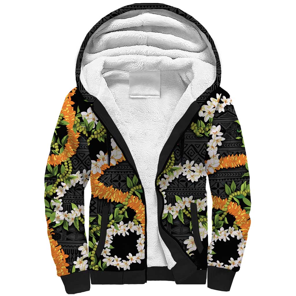 Aloha Festive Hawaii Sherpa Hoodie Mokihana - Maile and Ilima on Black LT7 Unisex Black - Polynesian Pride