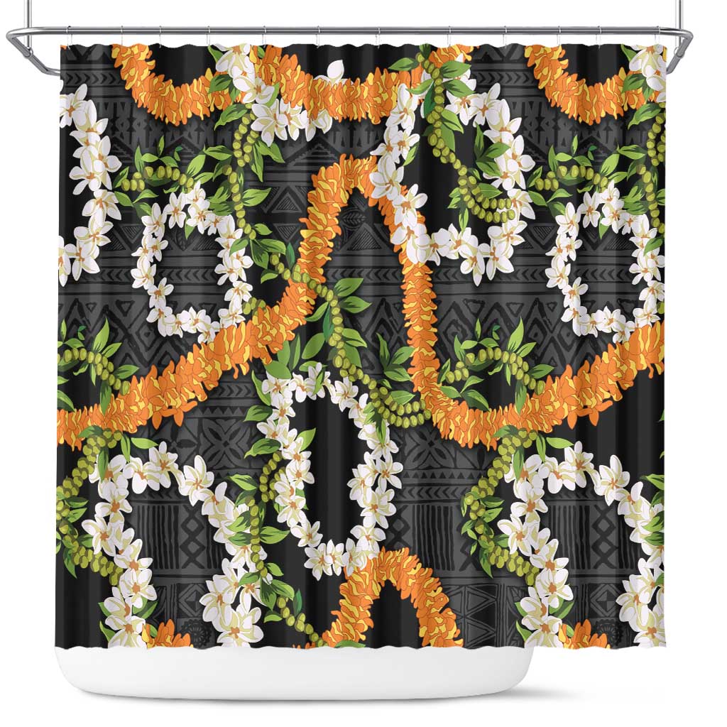 Aloha Festive Hawaii Shower Curtain Mokihana - Maile and Ilima on Black LT7 Black - Polynesian Pride