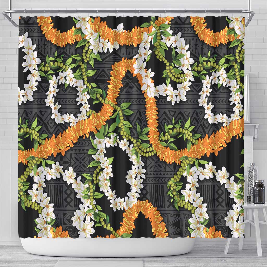 Aloha Festive Hawaii Shower Curtain Mokihana - Maile and Ilima on Black - Polynesian Pride