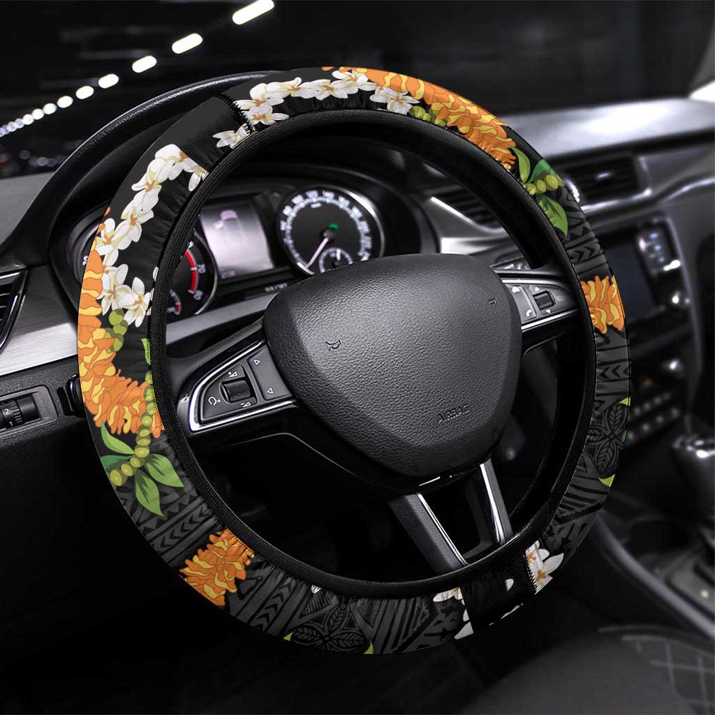 Aloha Festive Hawaii Steering Wheel Cover Mokihana - Maile and Ilima on Black - Polynesian Pride
