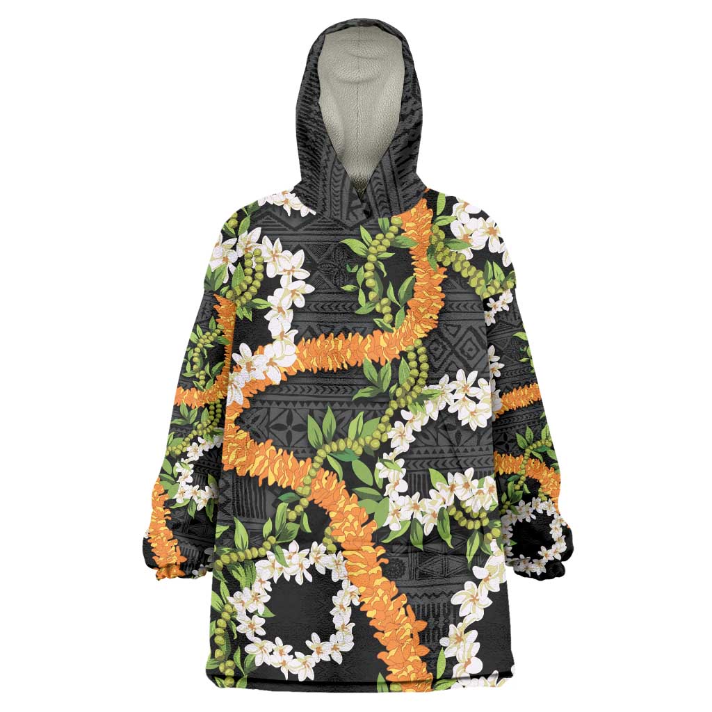 Aloha Festive Hawaii Wearable Blanket Hoodie Mokihana - Maile and Ilima on Black LT7 One Size Black - Polynesian Pride