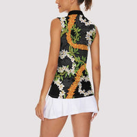 Aloha Festive Hawaii Women Sleeveless Polo Shirt Mokihana - Maile and Ilima on Black - Polynesian Pride