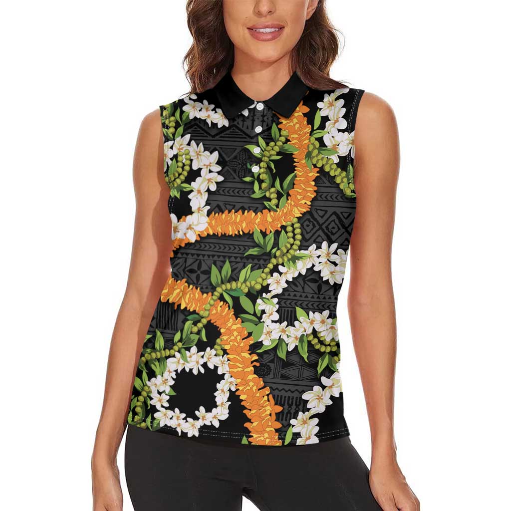 Aloha Festive Hawaii Women Sleeveless Polo Shirt Mokihana - Maile and Ilima on Black - Polynesian Pride