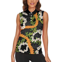Aloha Festive Hawaii Women Sleeveless Polo Shirt Mokihana - Maile and Ilima on Black - Polynesian Pride