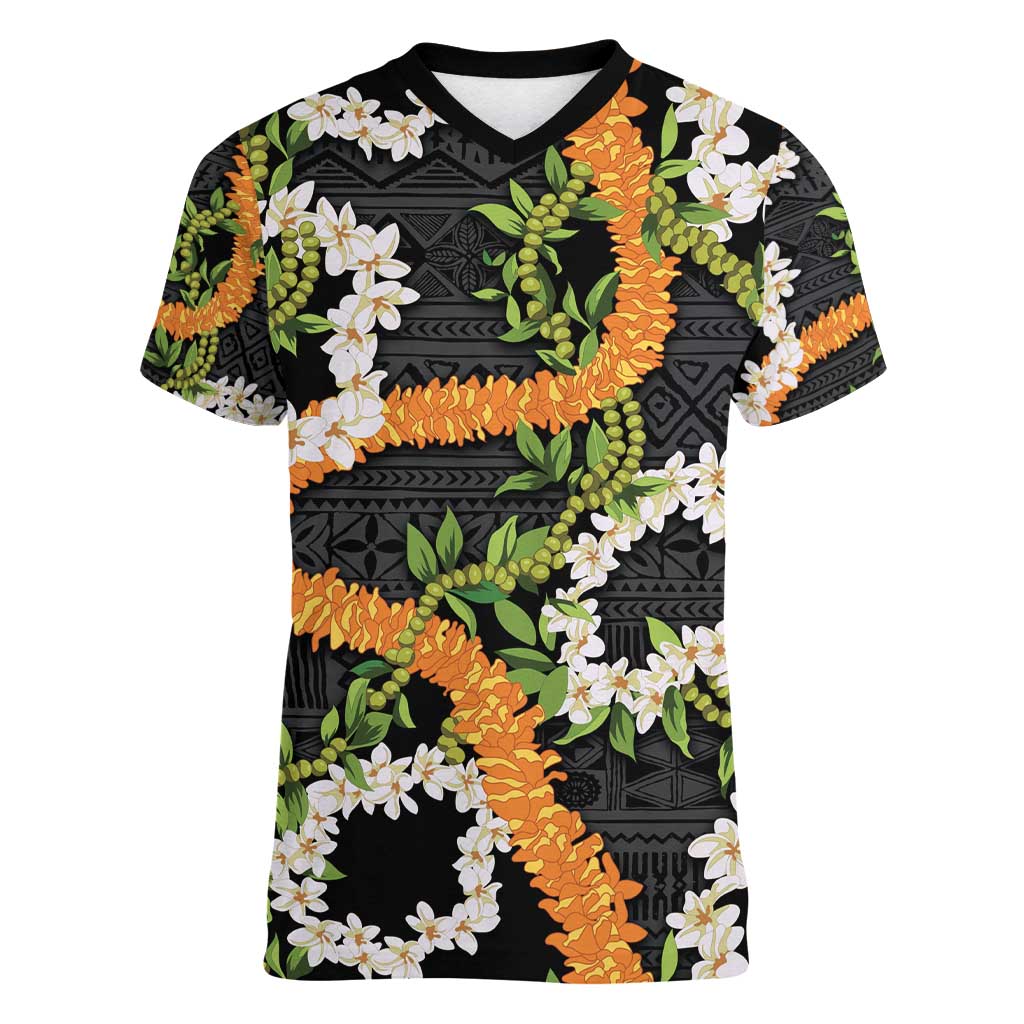 Aloha Festive Hawaii Women V-Neck T-Shirt Mokihana - Maile and Ilima on Black - Polynesian Pride