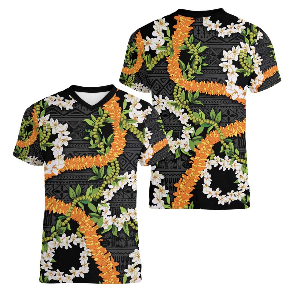 Aloha Festive Hawaii Women V-Neck T-Shirt Mokihana - Maile and Ilima on Black - Polynesian Pride