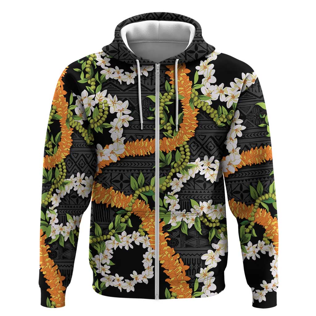 Aloha Festive Hawaii Zip Hoodie Mokihana - Maile and Ilima on Black - Polynesian Pride