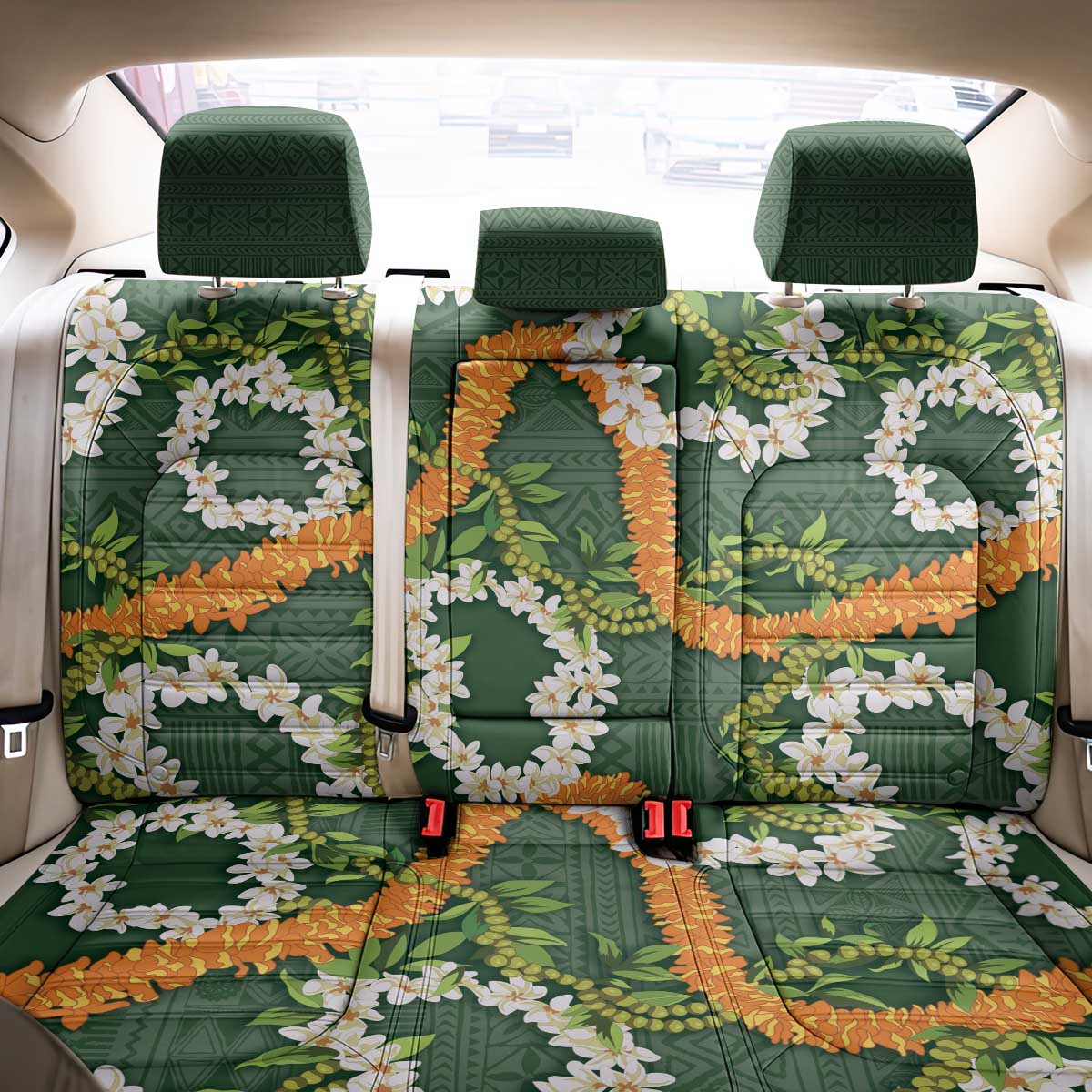 Aloha Festive Hawaii Back Car Seat Cover Mokihana - Maile and Ilima on Forest Green - Polynesian Pride
