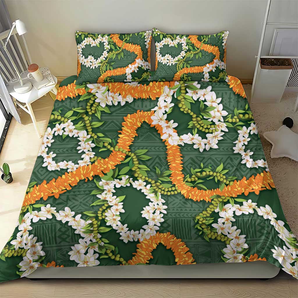 Aloha Festive Hawaii Bedding Set Mokihana - Maile and Ilima on Forest Green - Polynesian Pride
