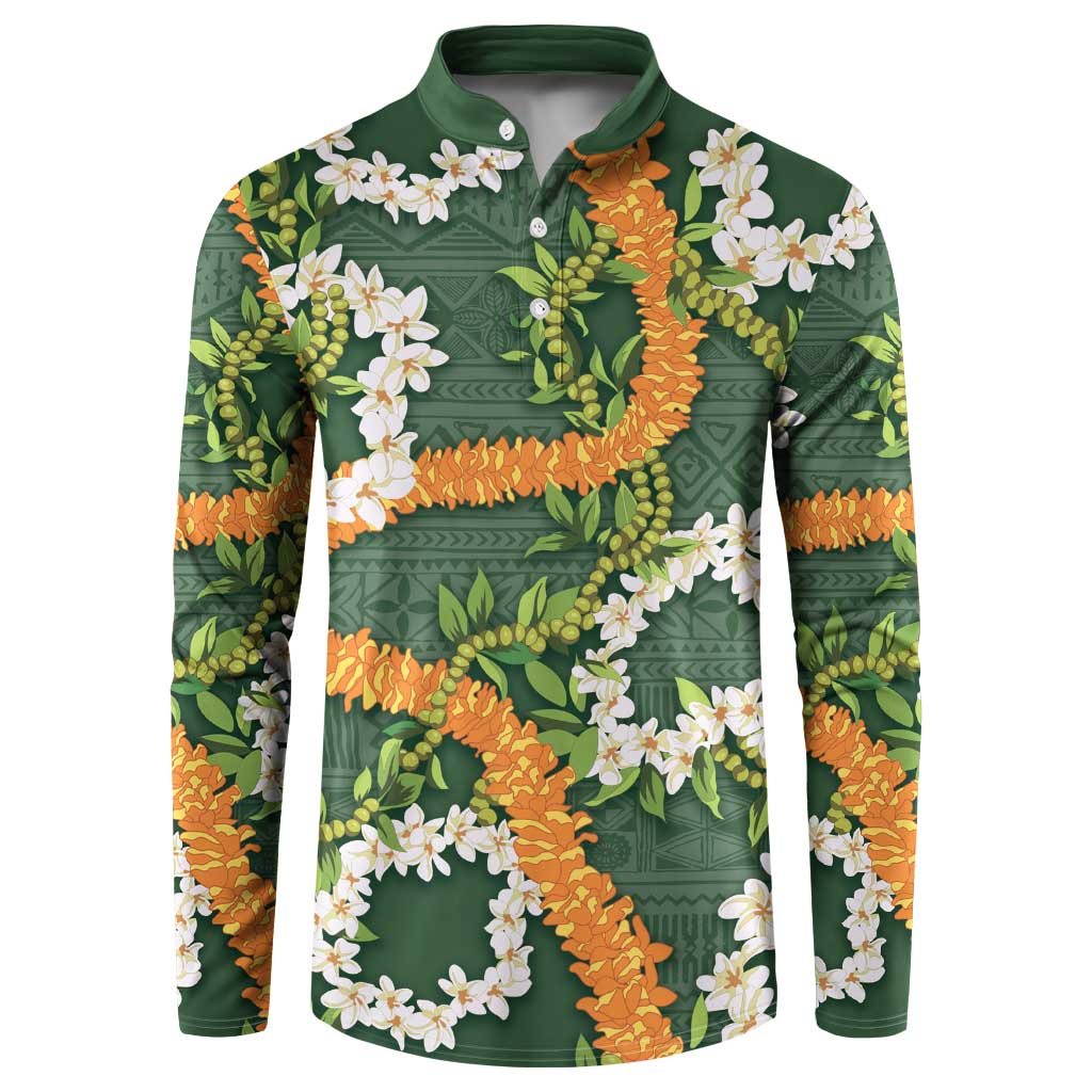 Aloha Festive Hawaii Button Sweatshirt Mokihana - Maile and Ilima on Forest Green LT7 Forest Green - Polynesian Pride