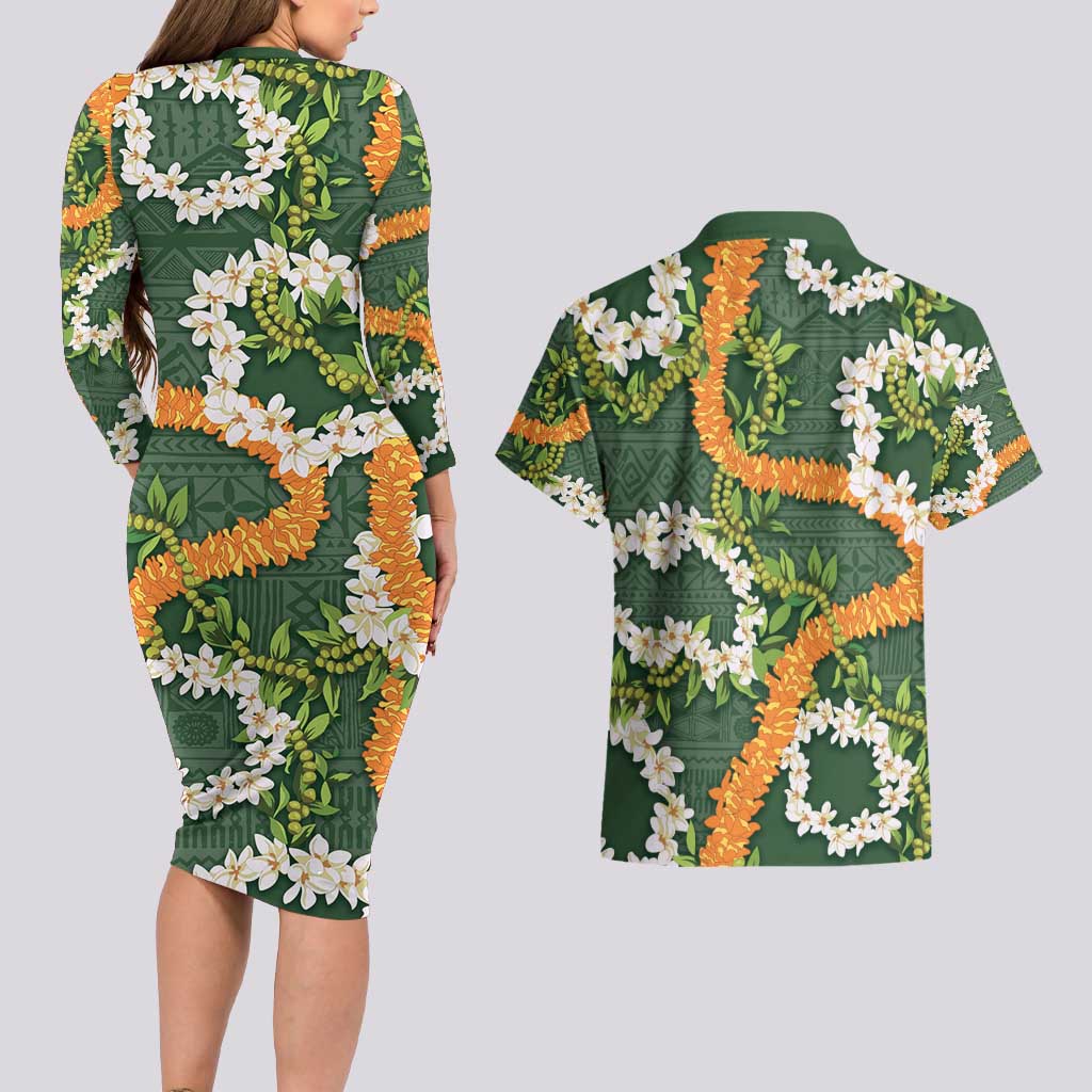 Aloha Festive Hawaii Couples Matching Long Sleeve Bodycon Dress and Hawaiian Shirt Mokihana - Maile and Ilima on Forest Green - Polynesian Pride