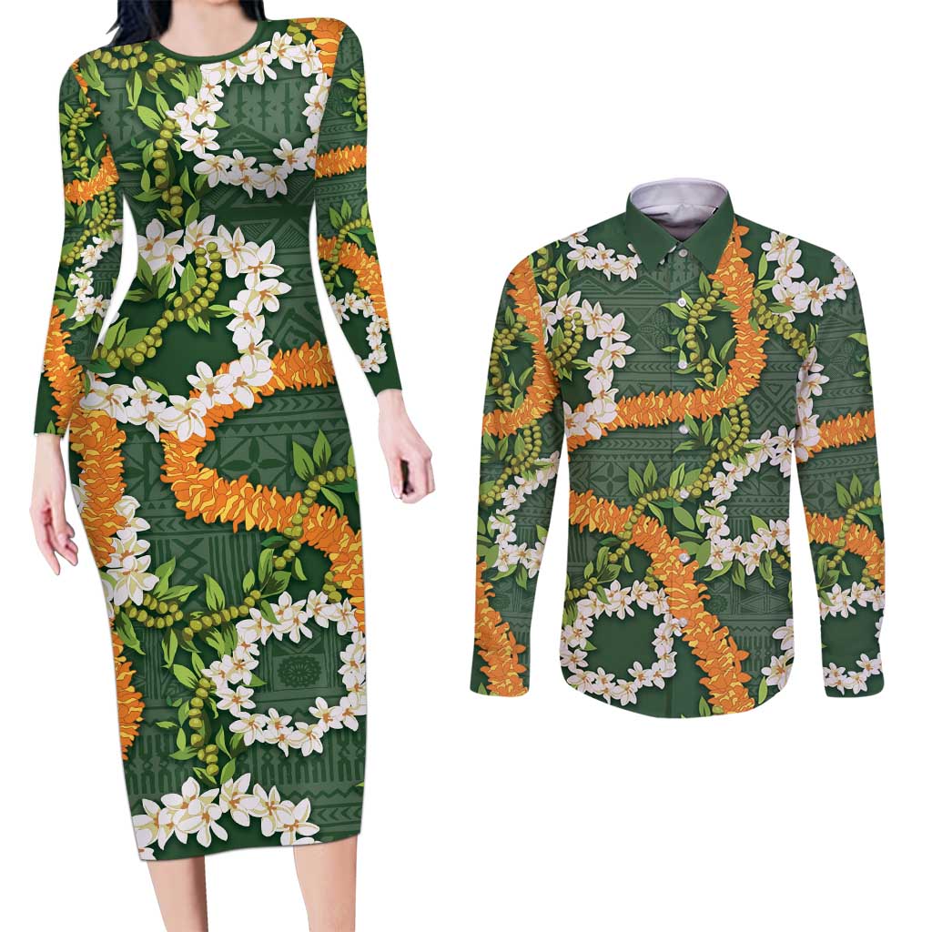 Aloha Festive Hawaii Couples Matching Long Sleeve Bodycon Dress and Long Sleeve Button Shirt Mokihana - Maile and Ilima on Forest Green - Polynesian Pride
