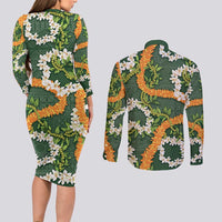 Aloha Festive Hawaii Couples Matching Long Sleeve Bodycon Dress and Long Sleeve Button Shirt Mokihana - Maile and Ilima on Forest Green - Polynesian Pride