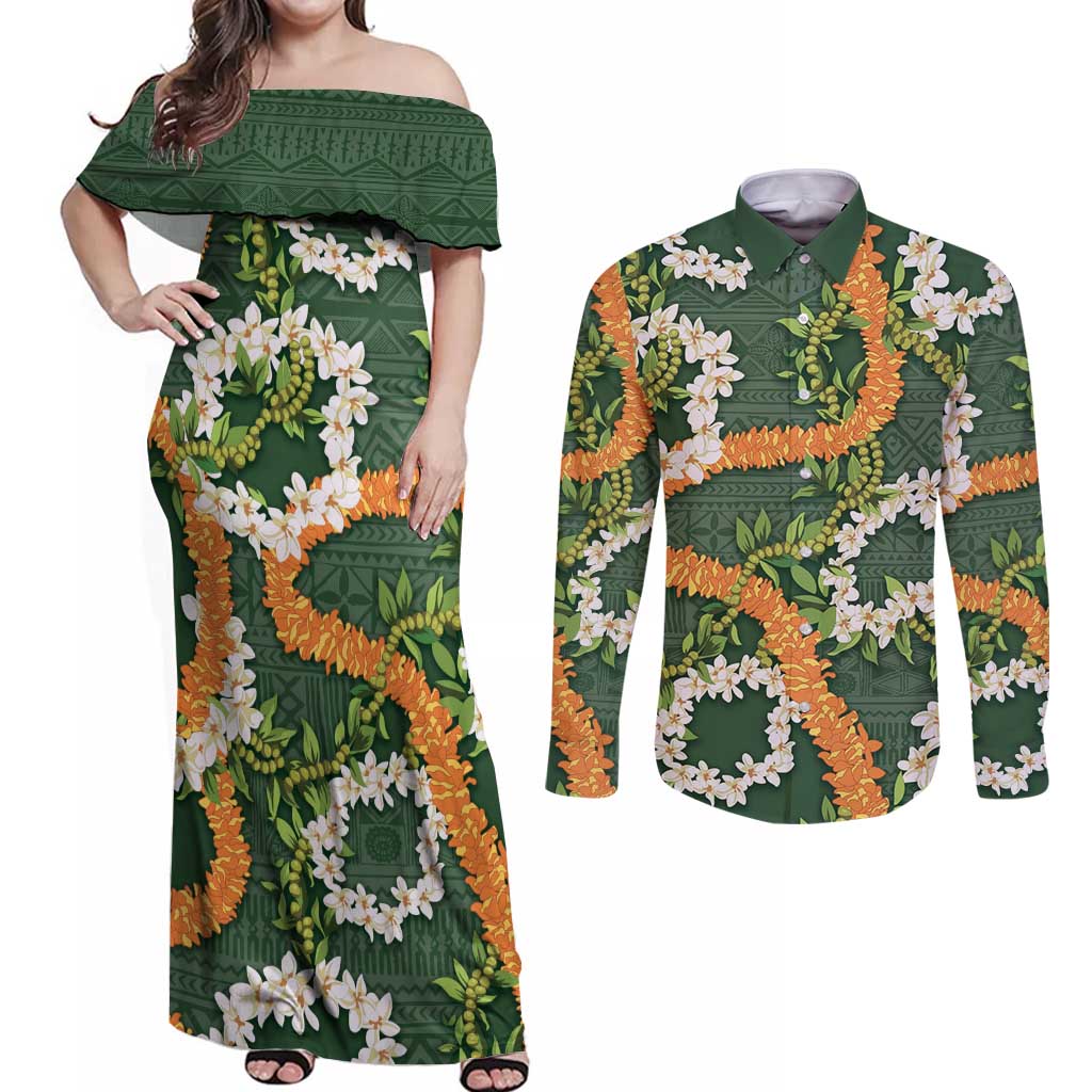 Aloha Festive Hawaii Couples Matching Off Shoulder Maxi Dress and Long Sleeve Button Shirt Mokihana - Maile and Ilima on Forest Green - Polynesian Pride