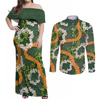 Aloha Festive Hawaii Couples Matching Off Shoulder Maxi Dress and Long Sleeve Button Shirt Mokihana - Maile and Ilima on Forest Green - Polynesian Pride