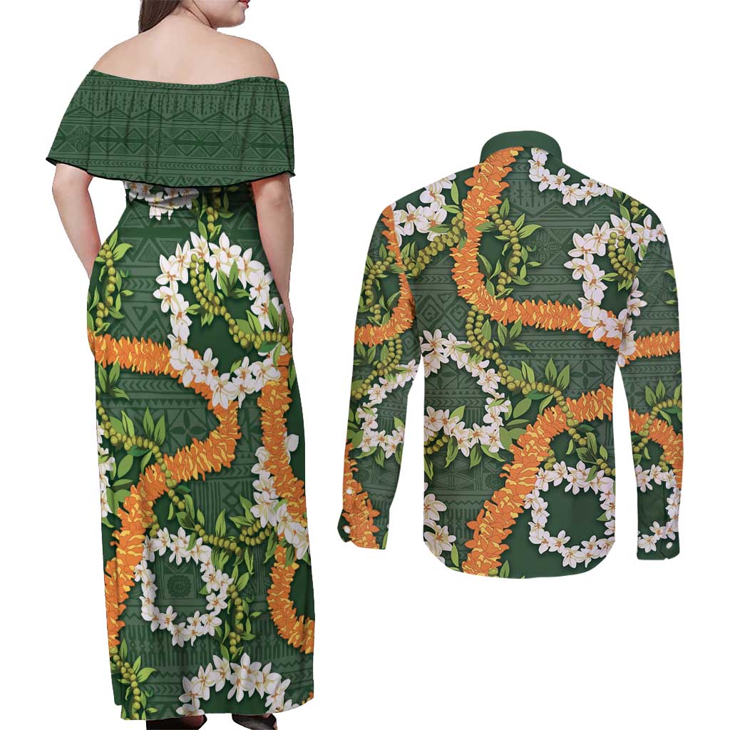 Aloha Festive Hawaii Couples Matching Off Shoulder Maxi Dress and Long Sleeve Button Shirt Mokihana - Maile and Ilima on Forest Green - Polynesian Pride