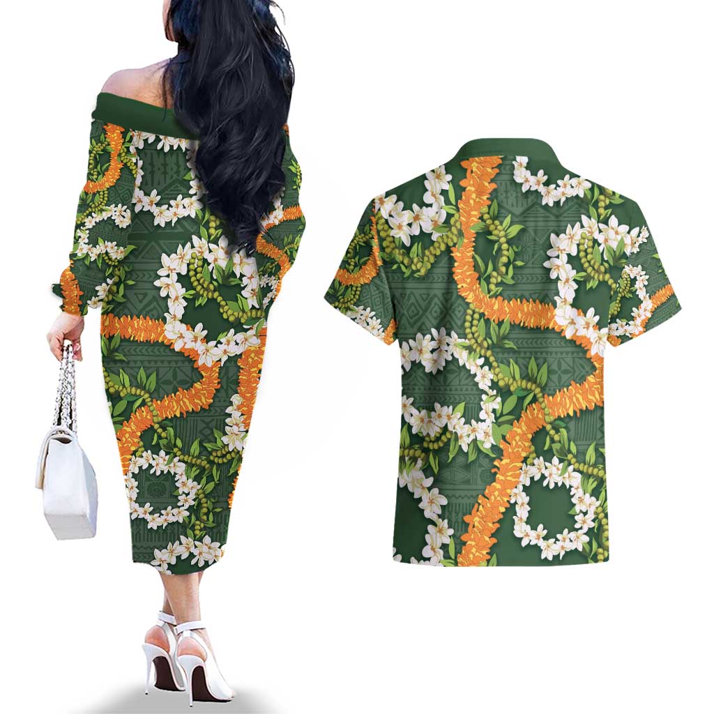 Aloha Festive Hawaii Couples Matching Off The Shoulder Long Sleeve Dress and Hawaiian Shirt Mokihana - Maile and Ilima on Forest Green - Polynesian Pride