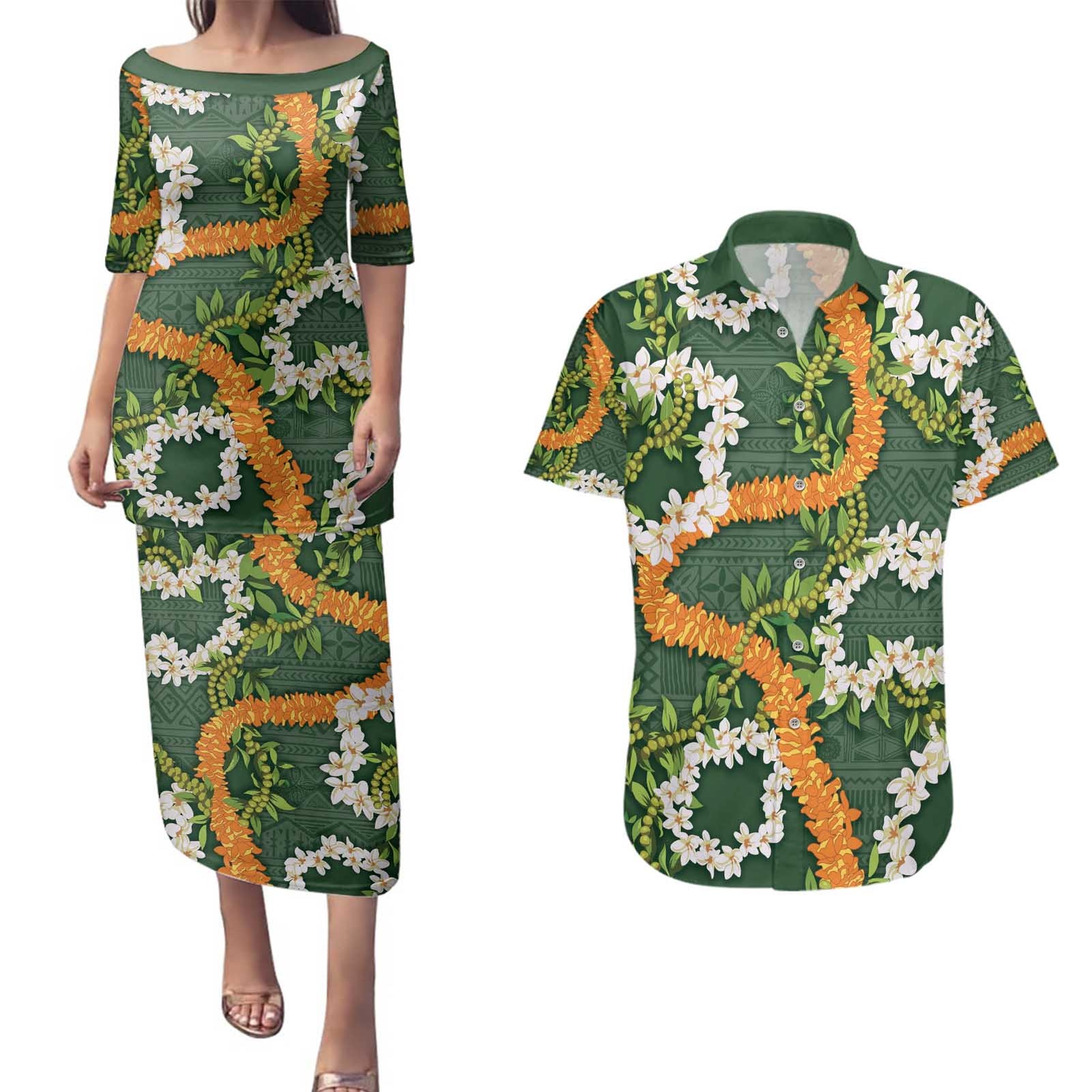 Aloha Festive Hawaii Couples Matching Puletasi and Hawaiian Shirt Mokihana - Maile and Ilima on Forest Green LT7 Forest Green - Polynesian Pride