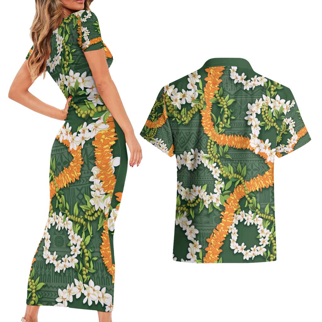 Aloha Festive Hawaii Couples Matching Short Sleeve Bodycon Dress and Hawaiian Shirt Mokihana - Maile and Ilima on Forest Green - Polynesian Pride