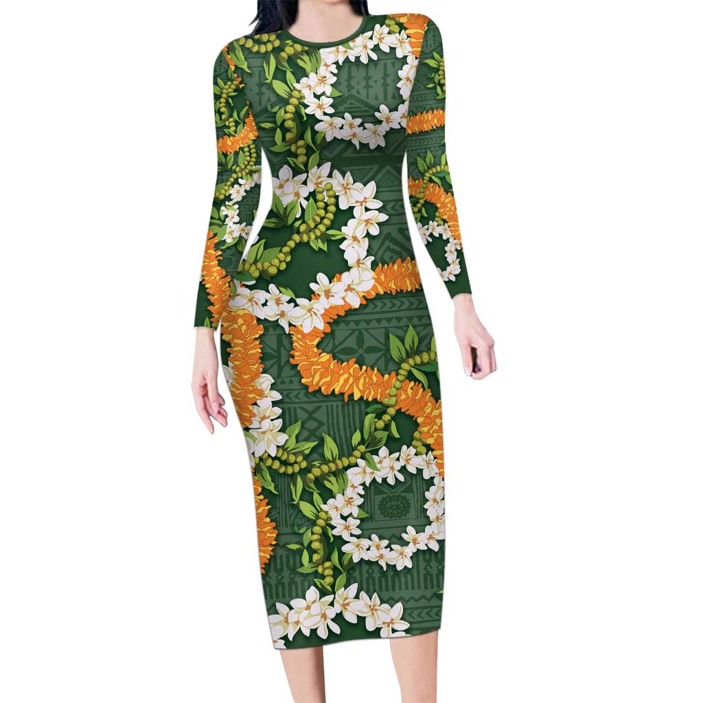 Aloha Festive Hawaii Family Matching Long Sleeve Bodycon Dress and Hawaiian Shirt Mokihana - Maile and Ilima on Forest Green - Polynesian Pride