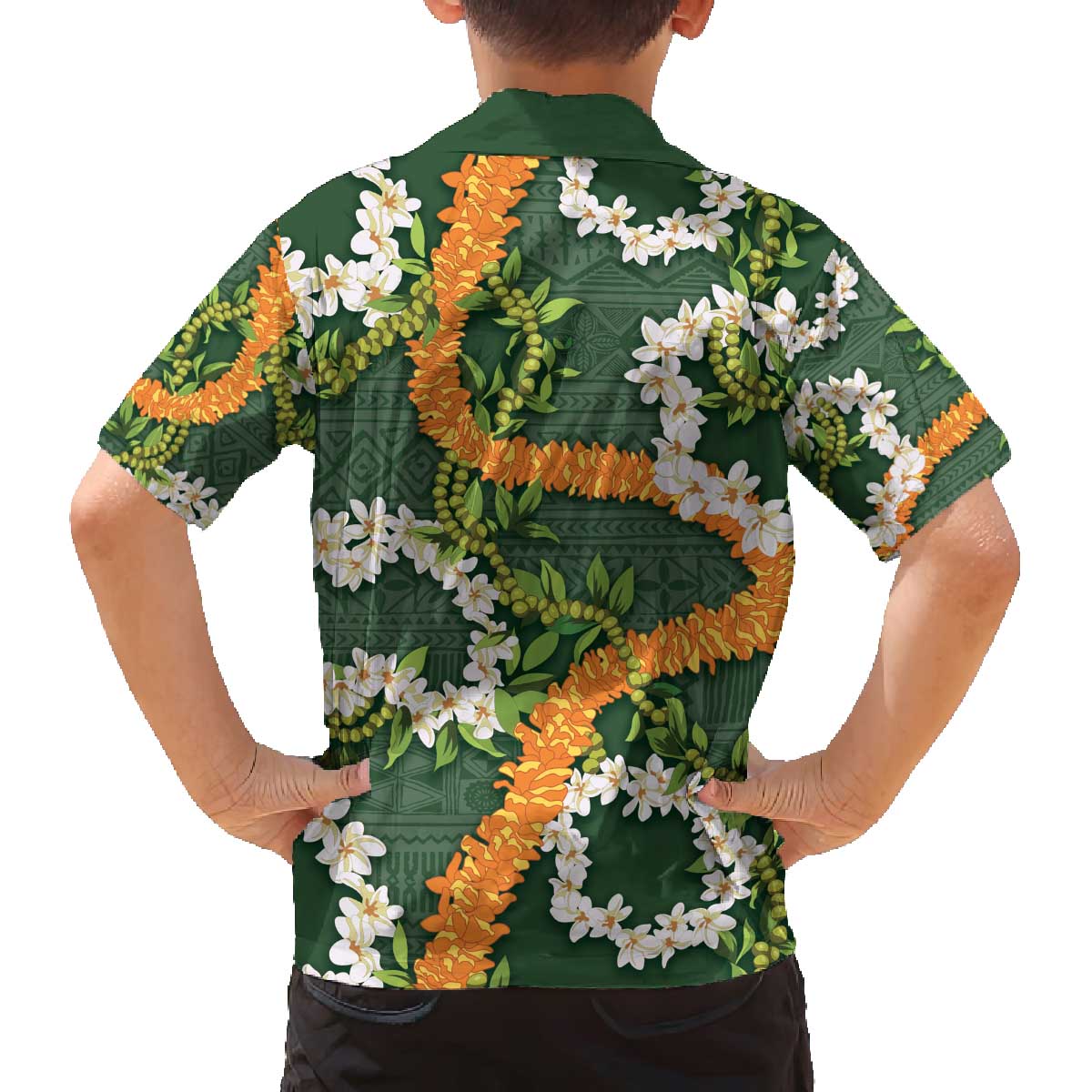 Aloha Festive Hawaii Family Matching Off The Shoulder Long Sleeve Dress and Hawaiian Shirt Mokihana - Maile and Ilima on Forest Green - Polynesian Pride