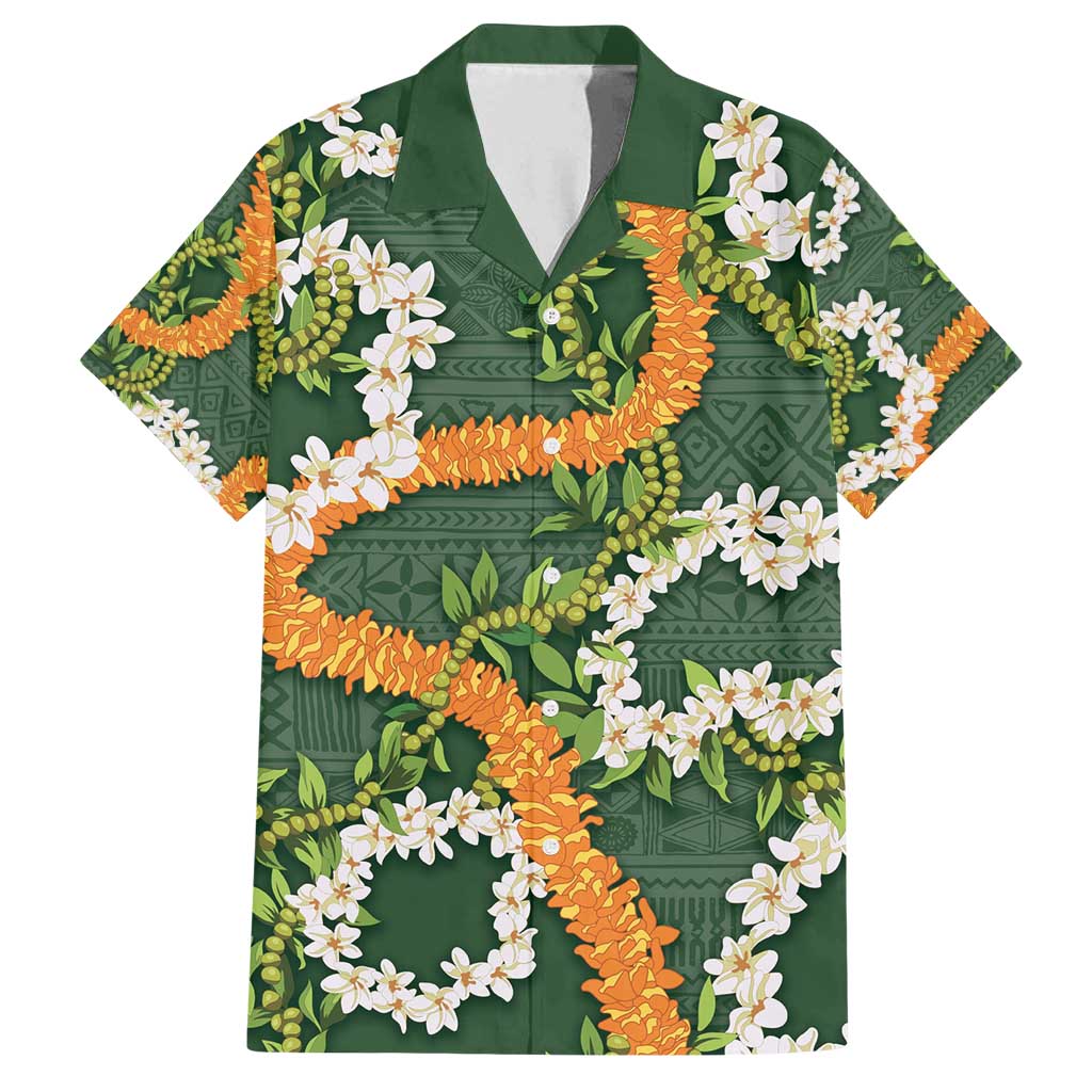 Aloha Festive Hawaii Family Matching Off Shoulder Maxi Dress and Hawaiian Shirt Mokihana - Maile and Ilima on Forest Green LT7 Dad's Shirt - Short Sleeve Forest Green - Polynesian Pride