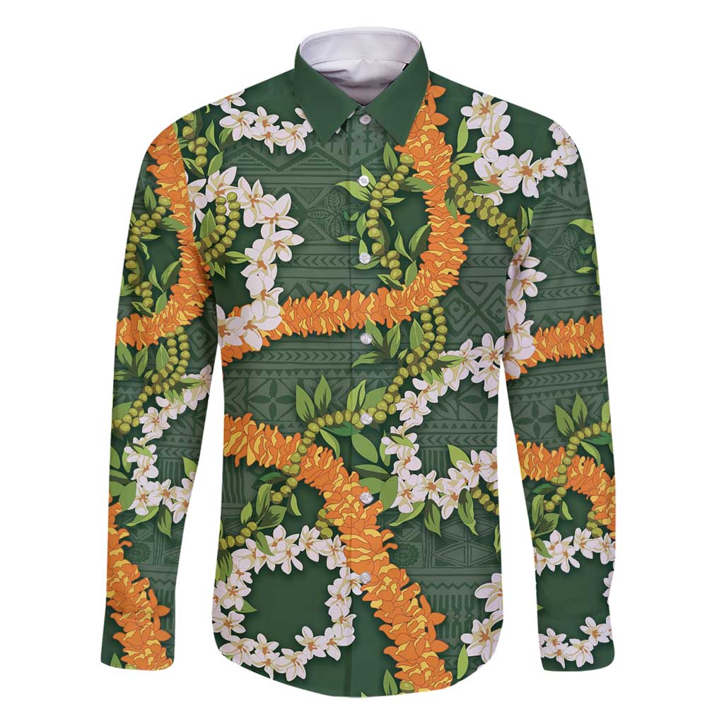 Aloha Festive Hawaii Family Matching Off Shoulder Maxi Dress and Hawaiian Shirt Mokihana - Maile and Ilima on Forest Green LT7 Dad's Shirt - Long Sleeve Forest Green - Polynesian Pride