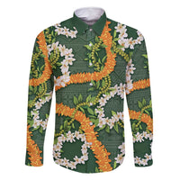 Aloha Festive Hawaii Family Matching Off Shoulder Maxi Dress and Hawaiian Shirt Mokihana - Maile and Ilima on Forest Green LT7 Dad's Shirt - Long Sleeve Forest Green - Polynesian Pride