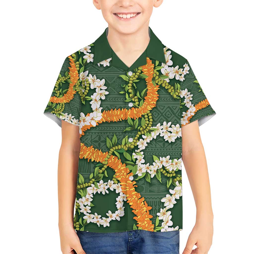 Aloha Festive Hawaii Family Matching Off Shoulder Maxi Dress and Hawaiian Shirt Mokihana - Maile and Ilima on Forest Green LT7 Son's Shirt Forest Green - Polynesian Pride