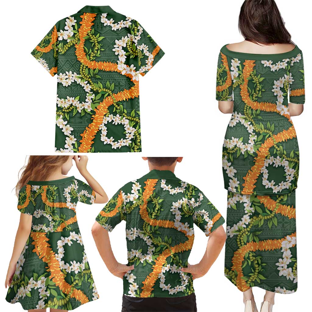 Aloha Festive Hawaii Family Matching Puletasi and Hawaiian Shirt Mokihana - Maile and Ilima on Forest Green - Polynesian Pride