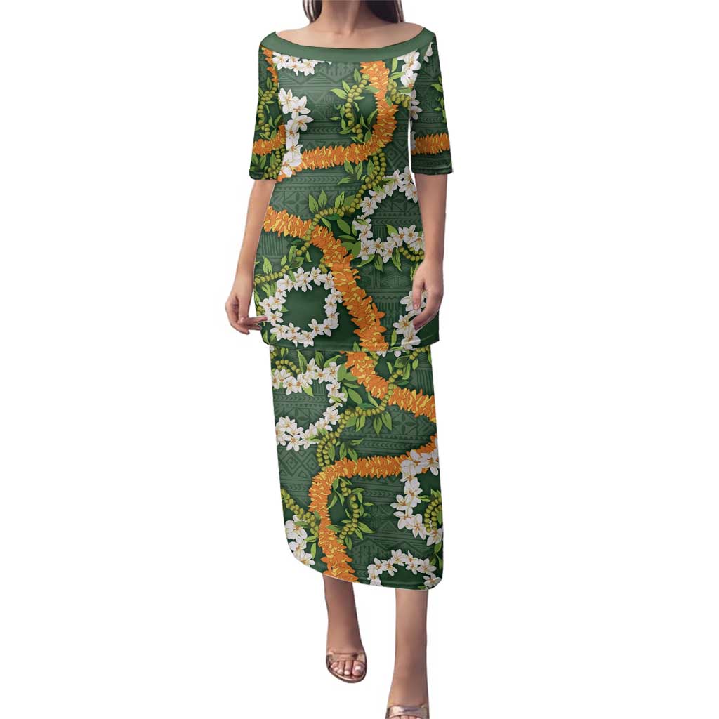 Aloha Festive Hawaii Family Matching Puletasi and Hawaiian Shirt Mokihana - Maile and Ilima on Forest Green - Polynesian Pride